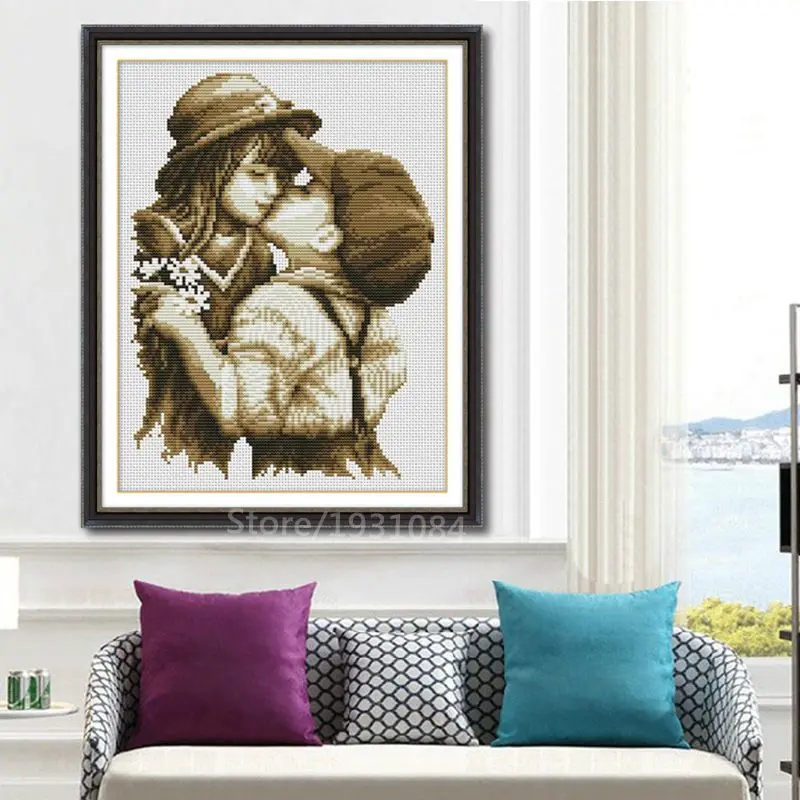 

11CT 32*40cm Needlework DIY Cross Stitch First Romantic Kiss Pattern Cross-stitch Embroidery Decoration Painting Art Home Decor