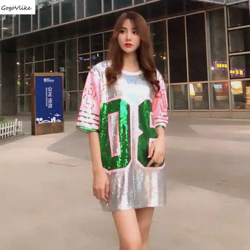 

Sequins hip hop Short sleeve t shirt 2019 women Oversize Long Patchwork Top Tees ulzzang Punk Tops Plus size LT258S50