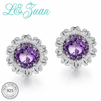 

L&zuan 5.96ct Natural Brazilian Amethyst Clip Earrings in 925 Sterling Silver White CZ Paved Purple Stone Woman Earrings