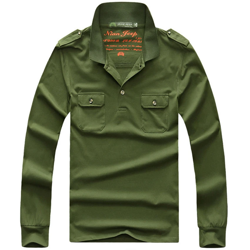 2018 New Men's Military Epaulettes Cotton Long Sleeve Polo Shirt Lapel