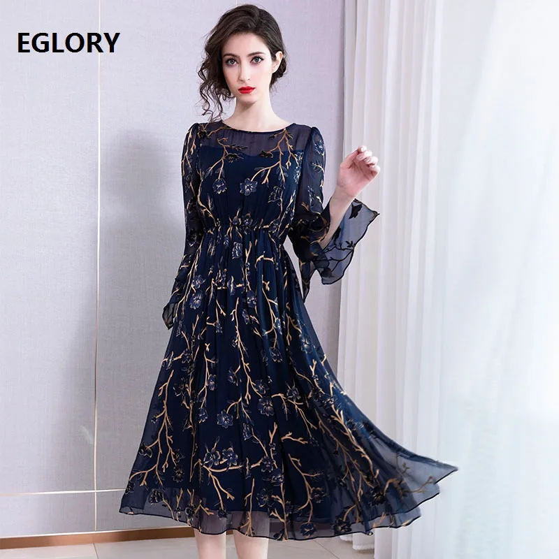 

Top Quality Summer Dress 2019 Fashion Style Women Vintage Retro Print Flare Sleeve Mid-Calf Length Swing Party Silk Dress Soft
