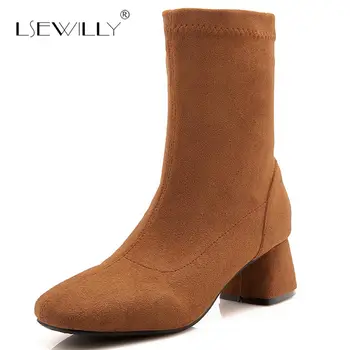 

Lsewilly Large Size 28-52 Slip On Autumnr Winter Mid Calf Boots Woman Shoes Hot Sale High Heels Shoes Woman Half Boots E20