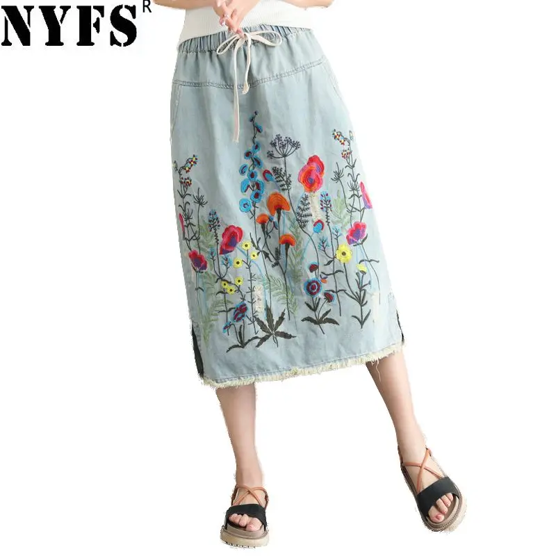 

NYFS 2019 New Summer Vintage women long denim skirt embroidered long skirts vintage jeans Hem Split pencil skirts