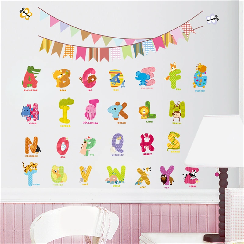 ABC настенные художественные наклейки для детей roomмультяшный Алфавит съемные буквы животных настенные наклейки украшение для детской комнаты