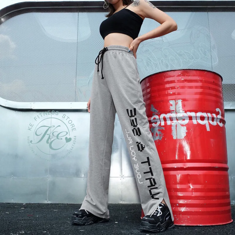 

KE Pantalon gris con estampacion y con cordon ancho suelto stilo hipster Fitness Gym hight waist pierna ancha woman pants sport