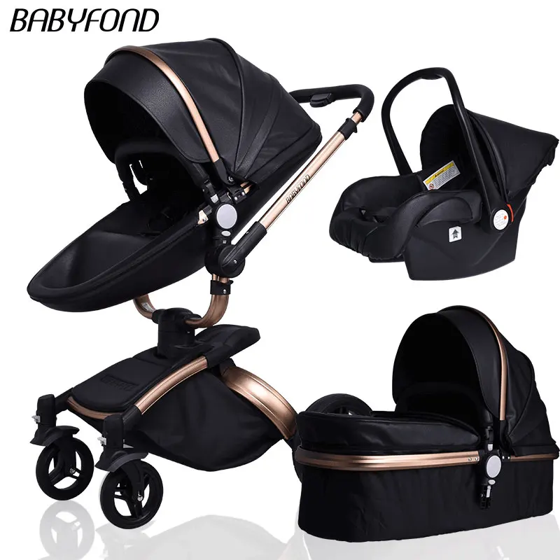 Babyfond 3 в 1 Роскошная двухходовая Складная четырехколесная детская коляска с кожаным каркасом из алюминиевого сплава, складная детская коляска - Цвет: black  1