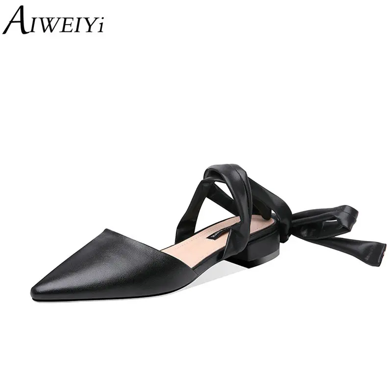 

AIWEIYi Women Flats Shoes Pointed toe Lace Up Bandage Black Women Flat Heel Shoes Slingback Genuine Leather Shoes Woman
