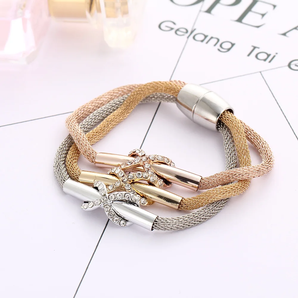 

New Gold Wire Mesh Crystal Twist Flower Lucky 8 Word Cross Magnet Buckle Three Color Multi Layer Bracelet