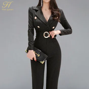 

H Han Queen 2018 Autun Winter Elegant Notched Neck Jumpsuits Women Fitted Striped High Waist Wide Leg Long Jumpsuit Dropshipping