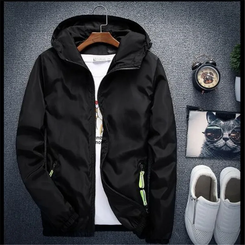 Новая весенне-осенняя куртка-бомбер размера плюс 6XL 7XL, мужская и женская повседневная однотонная ветровка на молнии, тонкое пальто с капюшоном, верхняя одежда, мужская куртка - Цвет: Черный