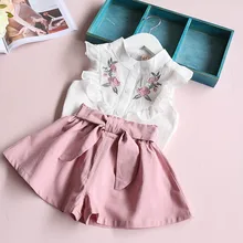 Hurave 2017 summer Korean baby girls clothing set children heart shirt+bow shorts suit 2pcs kids floral bow clothes set suit