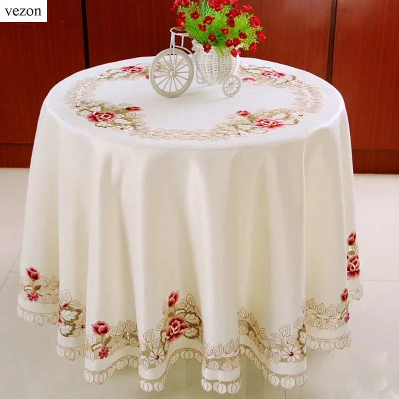 

vezon Elegant Europe Round Floral Embroidery Tablecloths Kitchen Embroidered Decoration Home Dining Table Cloth Cover Overlays