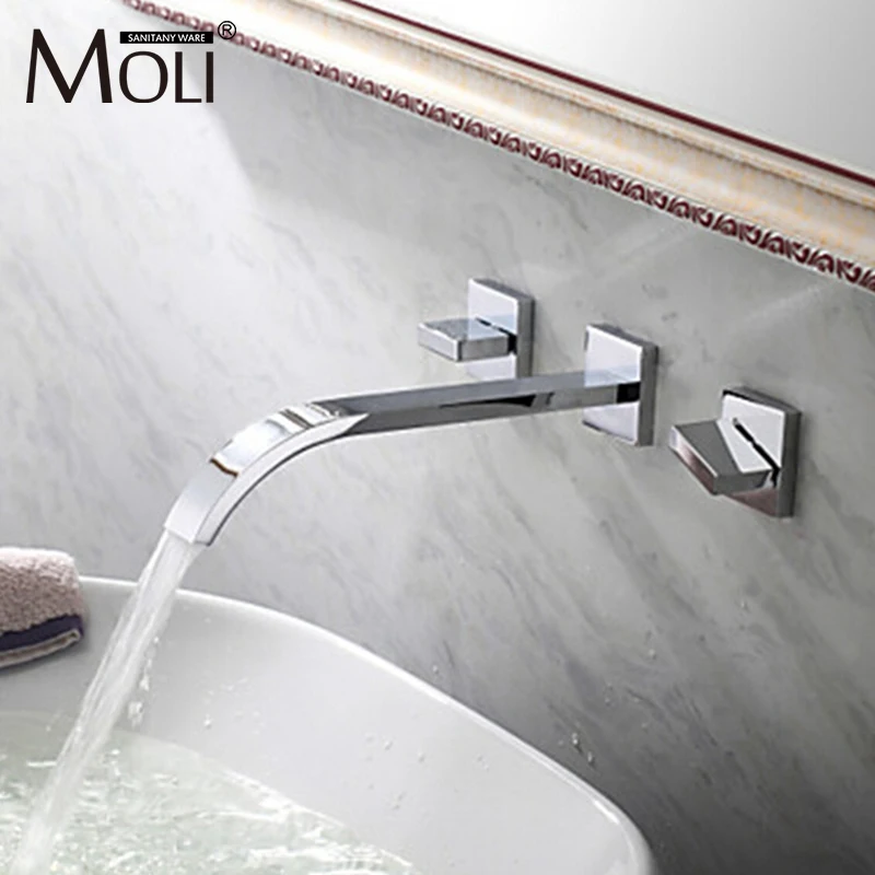 

Wall faucet in bathroom double handles faucet for basin sink chromed square mixer taps