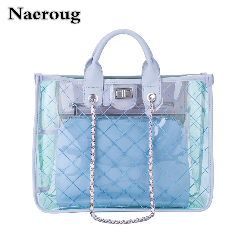 

2018 Summer Clear Chain Women Shoulder Bag Large Capacity Casual Tote Transparent Diamond Lattice Messenger Bag Channel Bag Sac
