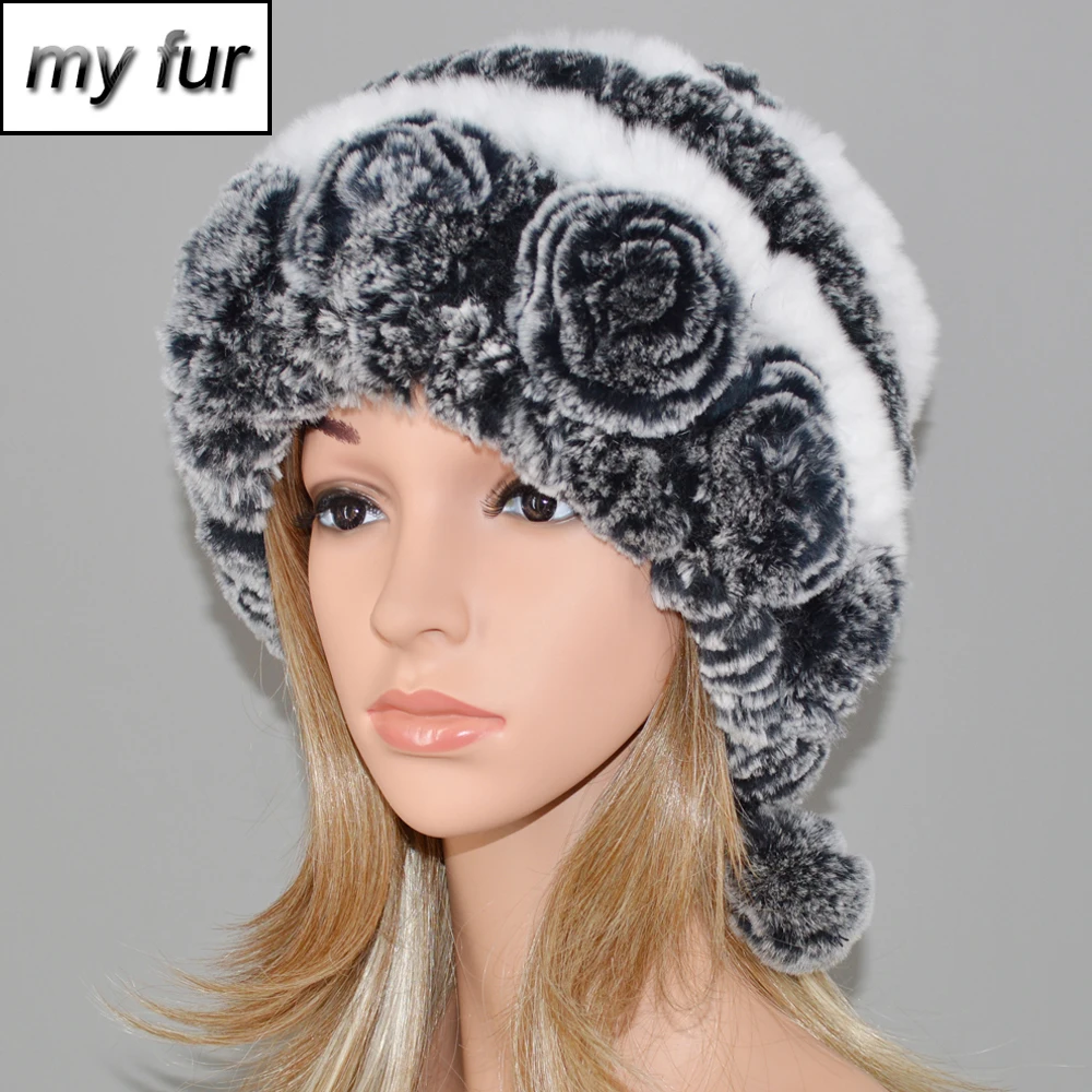 Женские шапки с цветами Настоящий мех кролика вязаные шапки из натурального меха кролика рекс ручной работы эластичные Настоящий мех кролика шапки