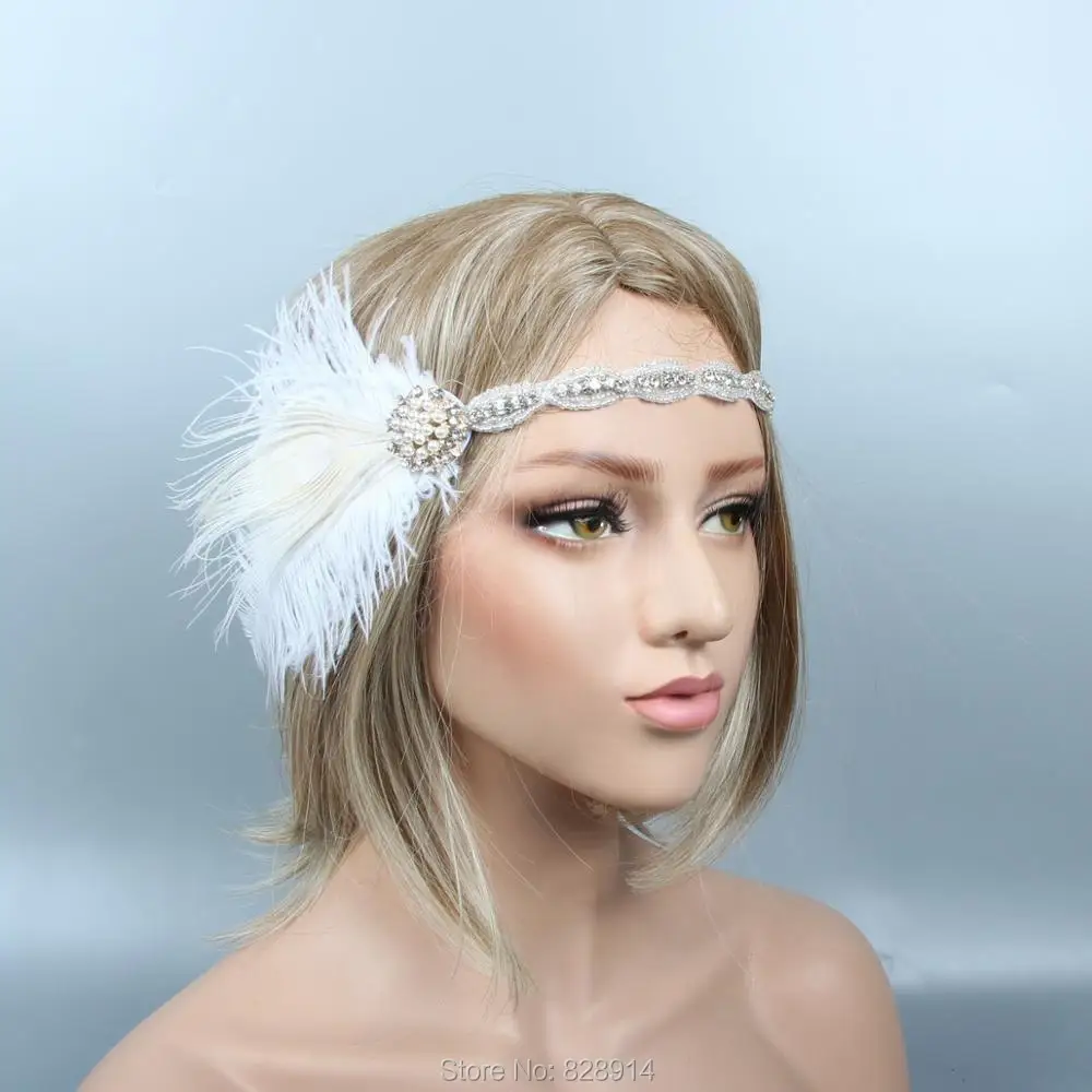 

New Arrival 1920's Gatsby Flapper Headpiece Crystal Bride Headpiece Ivory Feather Headband Bridal Crown HS10275