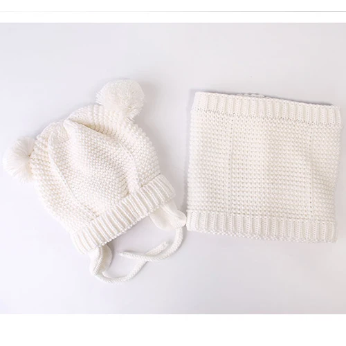 Winter pompom baby hat for kids girl boy hats knitted beanie skullies boy bomber caps with fleece lining newborn photograp HT044 - Цвет: white set