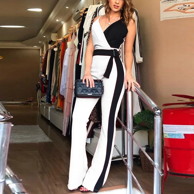 Color Block Spaghetti Strap Jumpsuits Elegant Rompers Women Jumpsuit Striped Pants Office Ladies Bodysuits V Neck Belted Trouser Color Block Spaghetti Strap Jumpsuits Elegant Rompers Women Jumpsuit Striped Pants Office Ladies Bodysuits V Neck Belted Trouser