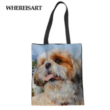 WHEREISART большая женская Холщовая Сумка Shih Tzu с рисунком собаки, хозяйственная сумка для девочек, студенческие школьные сумки на плечо, женская большая сумка