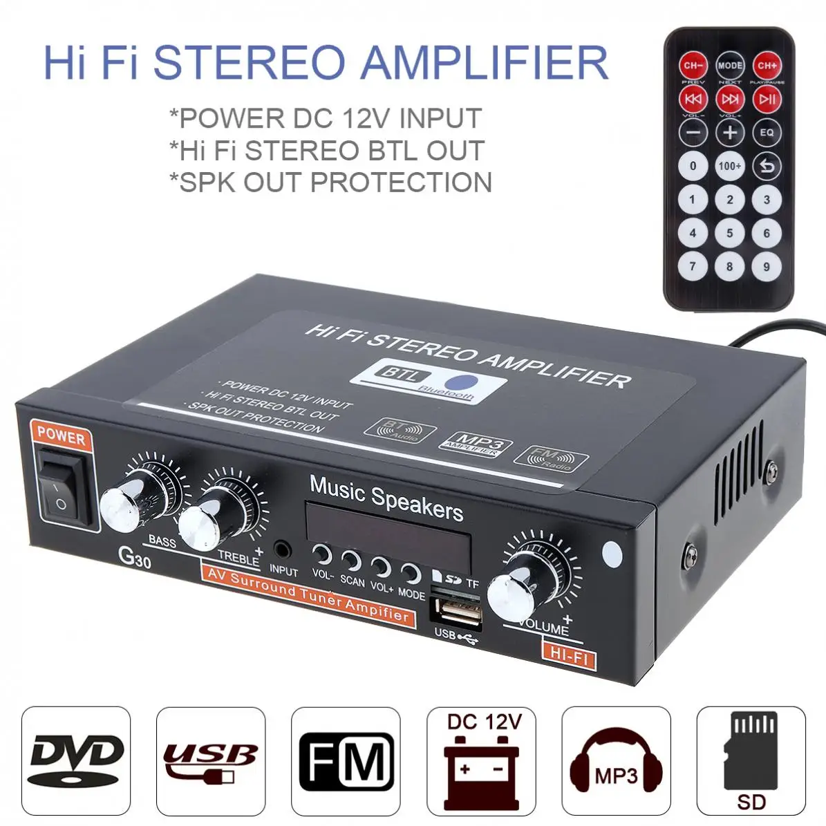 G30 HIFI Bluetooth Car Audio Power Amplifier FM Radio Player Support SD