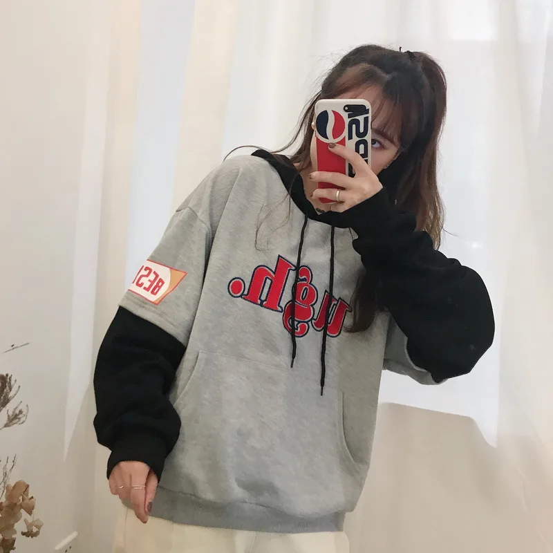 

Contrast Stitching Letter Embroidery Sweatshirt Female Korean Kawaii Women's Sweatshirts Japanese Harajuku Clothing For Women