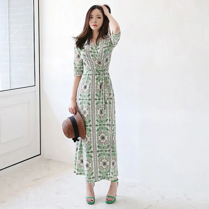 

Women Long Maxi Dresses 2019 Summer Ladies Green Floral White Wrap Vintage Dresses Robe Longue Femme Ete