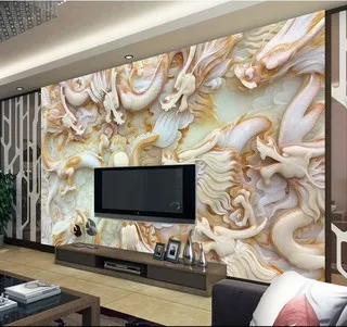 

Customized wallpaper mural Chinese style 3D natural scenery with peacock jade carving behind sofa as background in living room