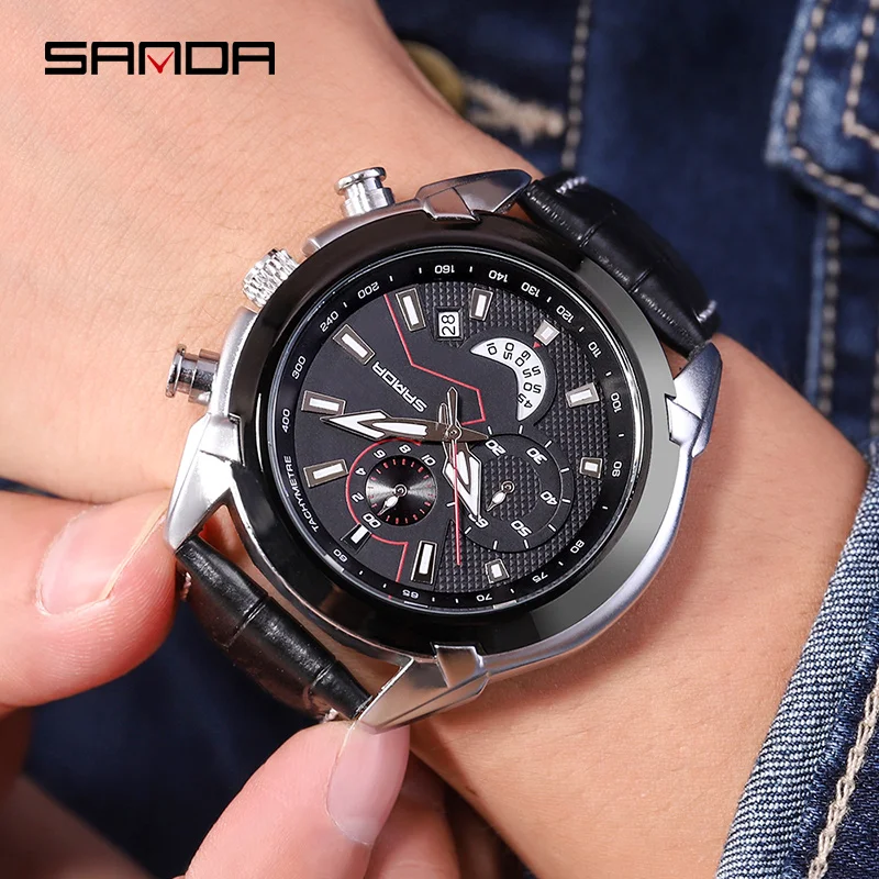 

Top luxury brand Sanda men watch multi-function calendar sports watch men's watches leather waterproof student male wristwatches