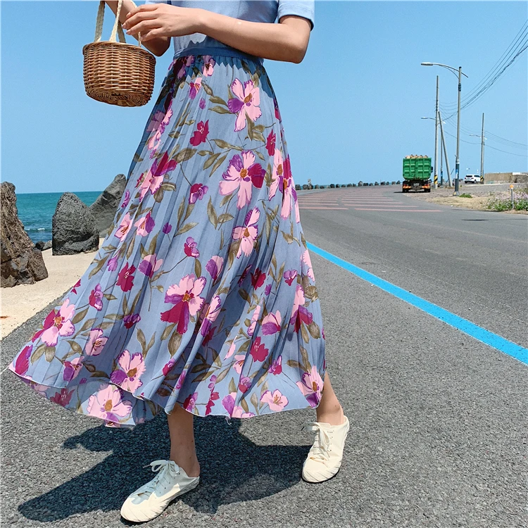 Плиссированная юбка летняя новая модная элегантная Милая шифоновая с цветочным принтом женская винтажная эластичная длинная юбка с высокой талией для женщин