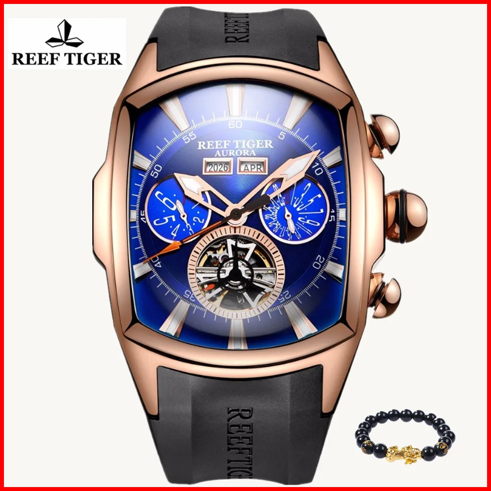 

Reef Tiger/RT Mens Sports Watches Analog Display Luminous Tourbillon Rose Gold Blue Dial 100M Waterproof Watch Relogio Masculino