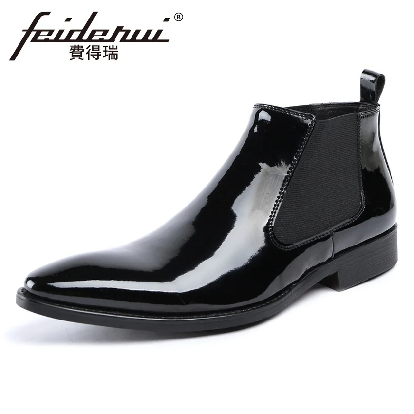 Luxury Brand Patent Leather Men's Chelsea Ankle Boots Pointed Toe