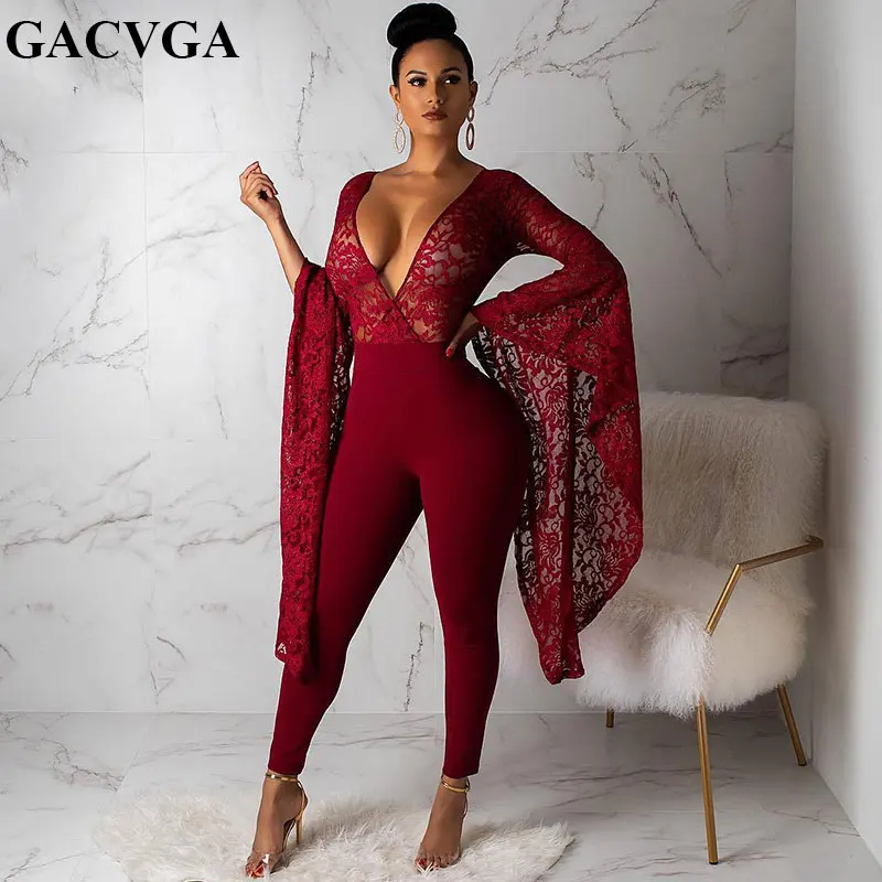 

GACVGA Lace Patchwork Jumpsuit Sexy See Through Embroidery Long Sleeve V-Neck Hollow Out Sexy Bodycon Jumpsuit Women Rompers