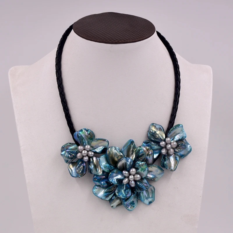 

WOW! freshwater pearl blue shell flower necklace 18inch nature 60mm gift baroque wholesale beads FPPJ