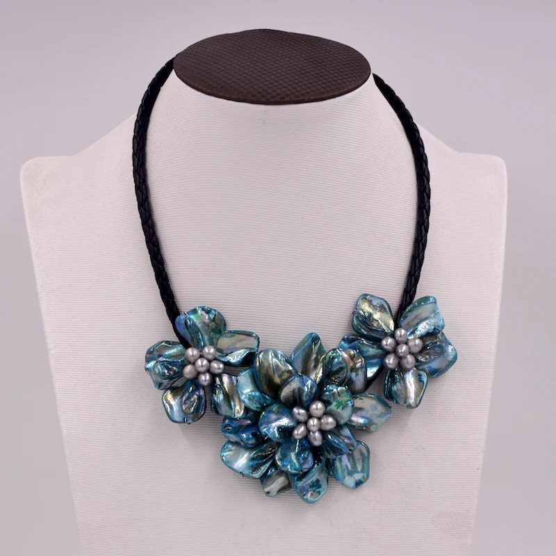 WOW! Пресноводный жемчуг голубой оболочки цветок ожерелье 18 дюймов природа 60 мм подарок барокко бисер оптом fppj