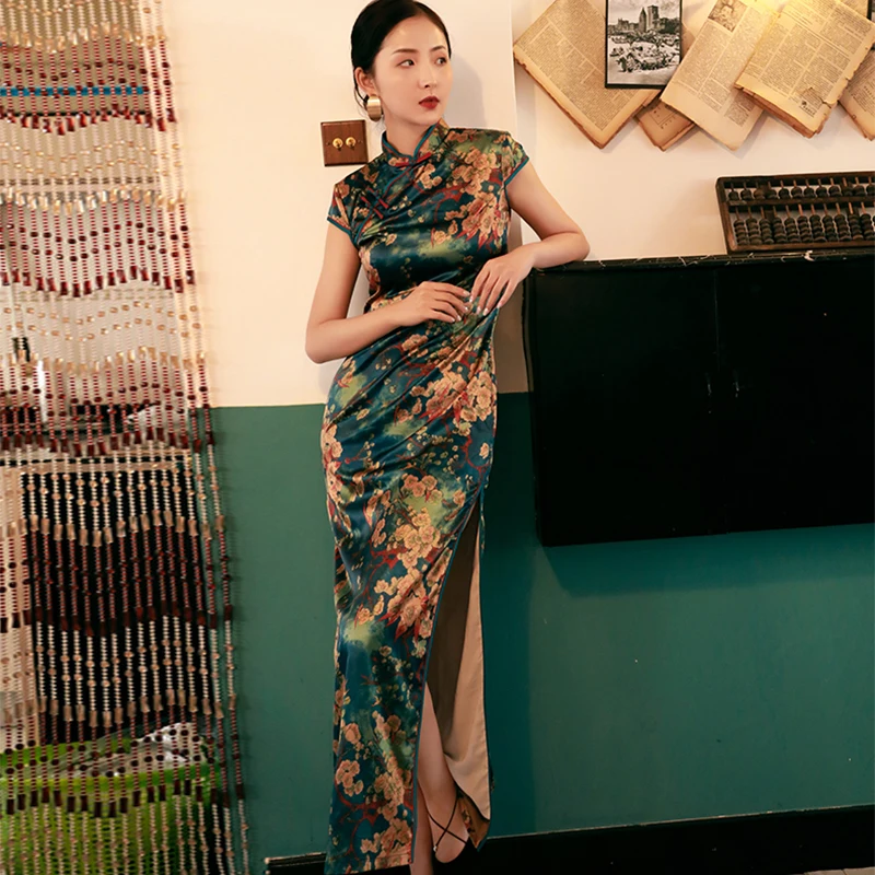 

Plus Size M-3XL Chinese Lady Traditional Qipao High Split Sexy Evening Dress Gown Print Floral 1930s Stage Show Long Cheongsam