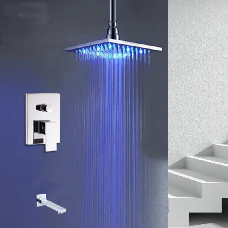 LED Ceiling Mount  Square Rain Shower Head Sprayer Tub Spout Valve Mixer Tap