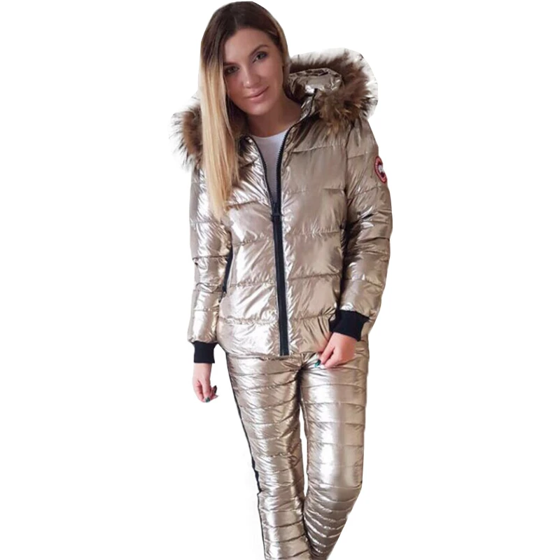 silver Ensembles Longue Parka En Casual 2 silver Zipper Chaud Champagne À Ensemble Survêtement Argent Nouveau Manteau Veste Femmes rose Gold Métal Pièce Gray Rembourré Deux Coton Capuchon Pantalon Eq46HAZ