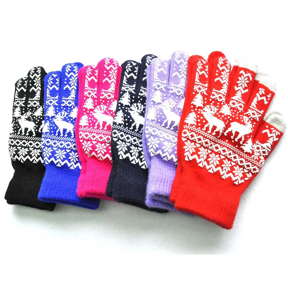 KLV мужской женский из смеси хлопка Рождество Зима теплый вязаный wapiti пинт экран милые перчатки Модные черные, красные, синие z1017
