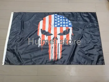 

ONE side print with American Punisher Flag Polyester Stars Brass Grommets custom skull USA FLAG BANNER