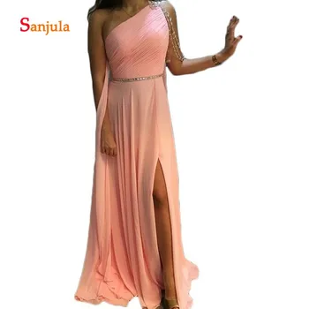 

Chiffon A-Line Bridesmaid Dresses One Shoulder Pleats Beaded Charming Maid of Honor Dress Leg Slit Wedding Party Prom Gown D248