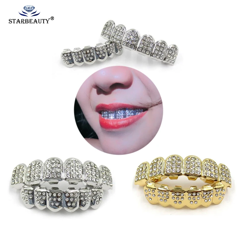 

1Set Hip Hop Top&Bottom Teeth Grillz Hip Hop Gold Silver Iced Out CZ Teeth Grillz Top Bottom Bling Men Women Jewelry