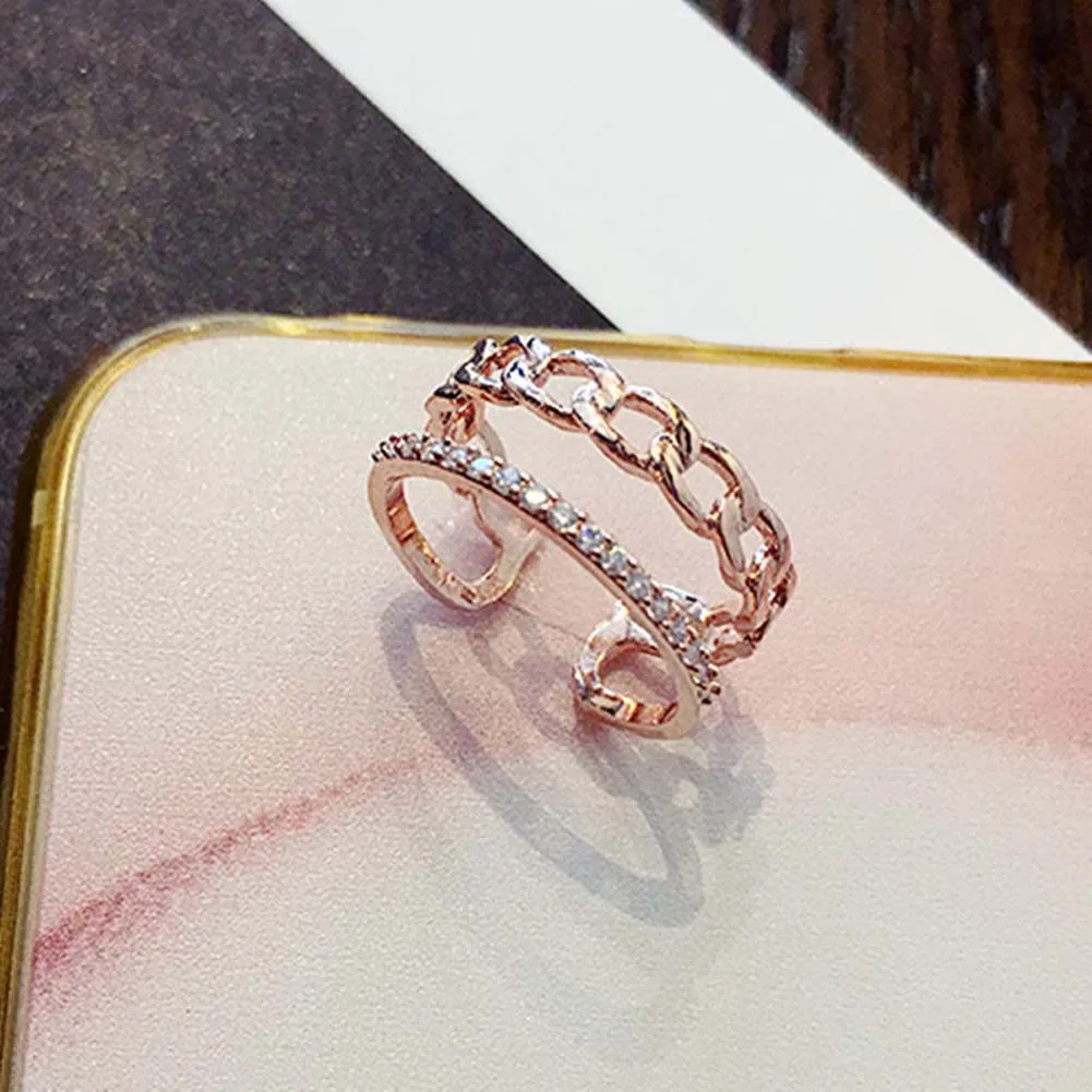 

Fashion Vintage Chain Double layer Ring Gold Silver Color Simple Crystal Pave Setting Decorate Open Ring Women Jewelry