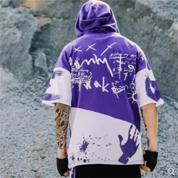 

Fashion contrast color patchwork short sleeve men hooded T-shirt hip hop high quality casual streetwear homme t shirts