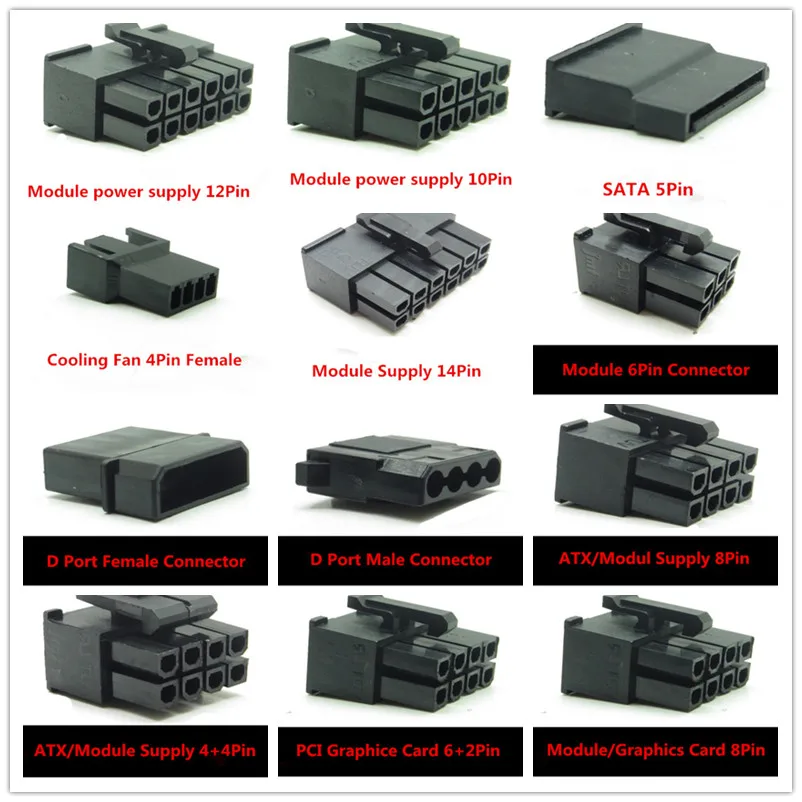 

10pcs/lot Module ATX Graphics Card Shell Adapter Jack Plug 6/8/10/12/14/18/24Pin/SATA 5Pin/Cooling Fan 4Pin/D Port for PC DIY