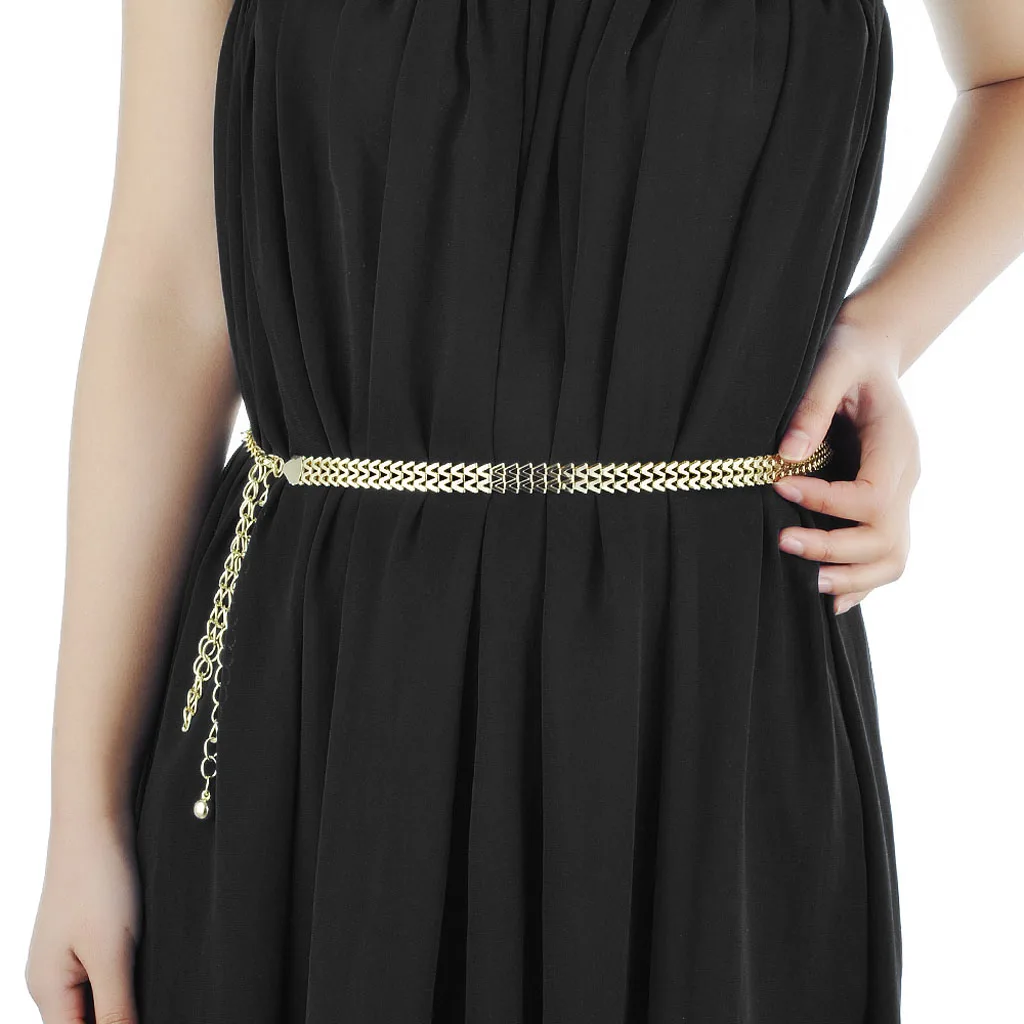 

Women Gold Hollowed-out Hip Belt Full Metal Ladies Body Waist Chain Belt One Size Fits All Dress