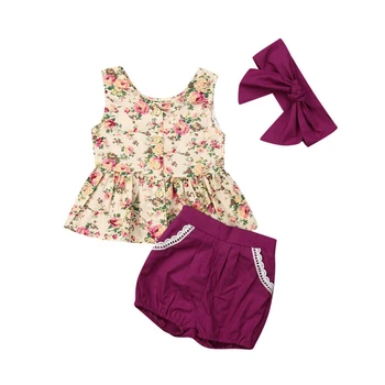 

3PCS Toddler Kids Baby Girls Clothing Summer Sleeveless Floral T-shirt Top Dress Shorts Headbands Outfits Clothes Set Girl 0-24M