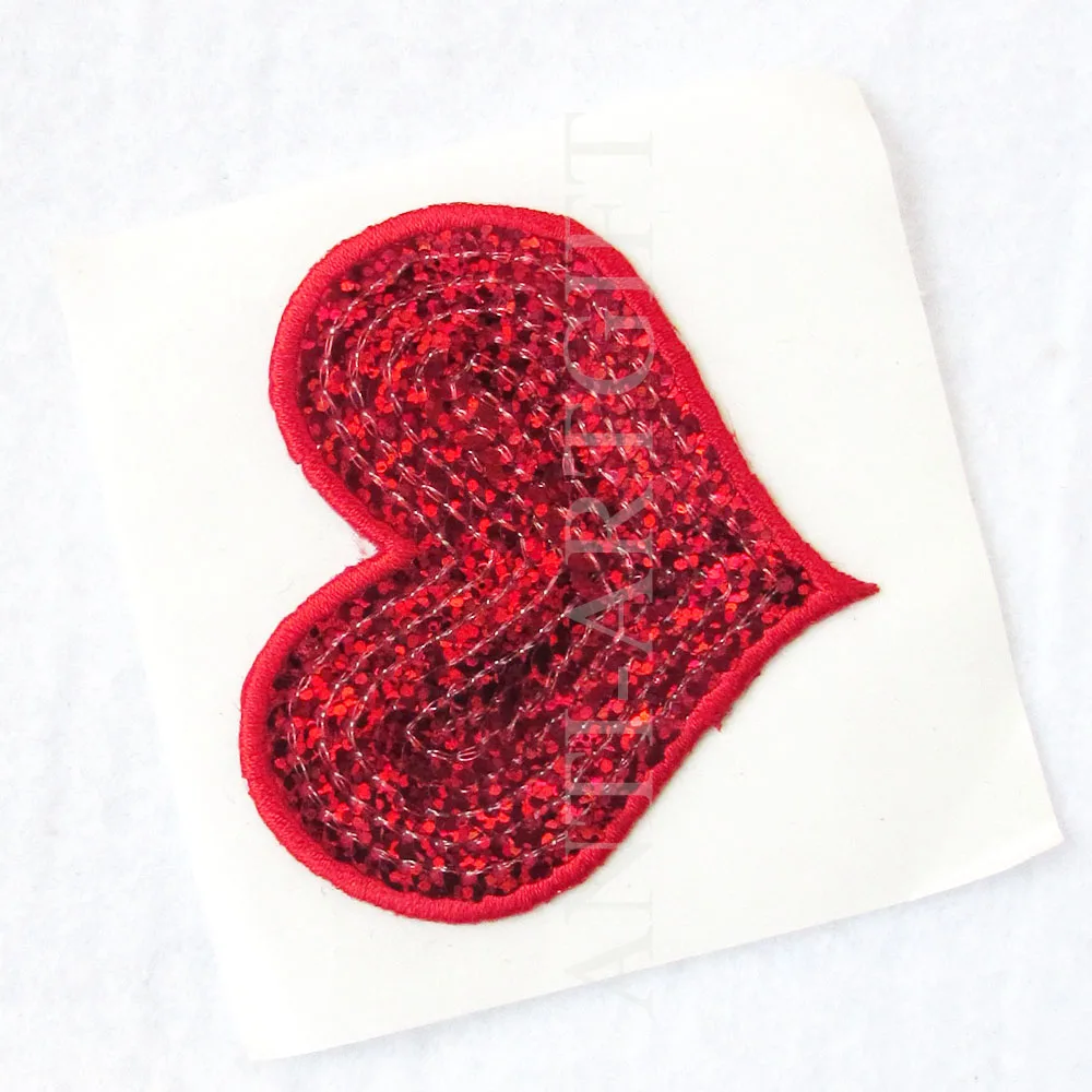 

Custom Paillette Embroidery Patches 2.5" Red Heart Emblem laser cut double side adhesive tape