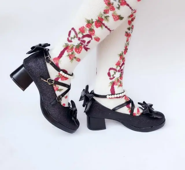 Womens-Shiny-Black-Silver-Sequin-Pumps-Bow-Strap-Cross-Pearl-Ankle-Strap-Princess-Lolita-Shoes-Custom-Tailor-Available- 19