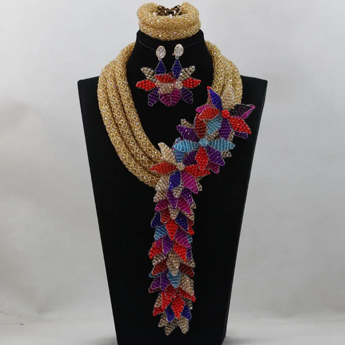 

2016 Costume African Jewelry Set Champagne/Purple/Royal Blue Crystal Beads Nigerian Wedding Bridal Big Flower Free Ship ALJ741