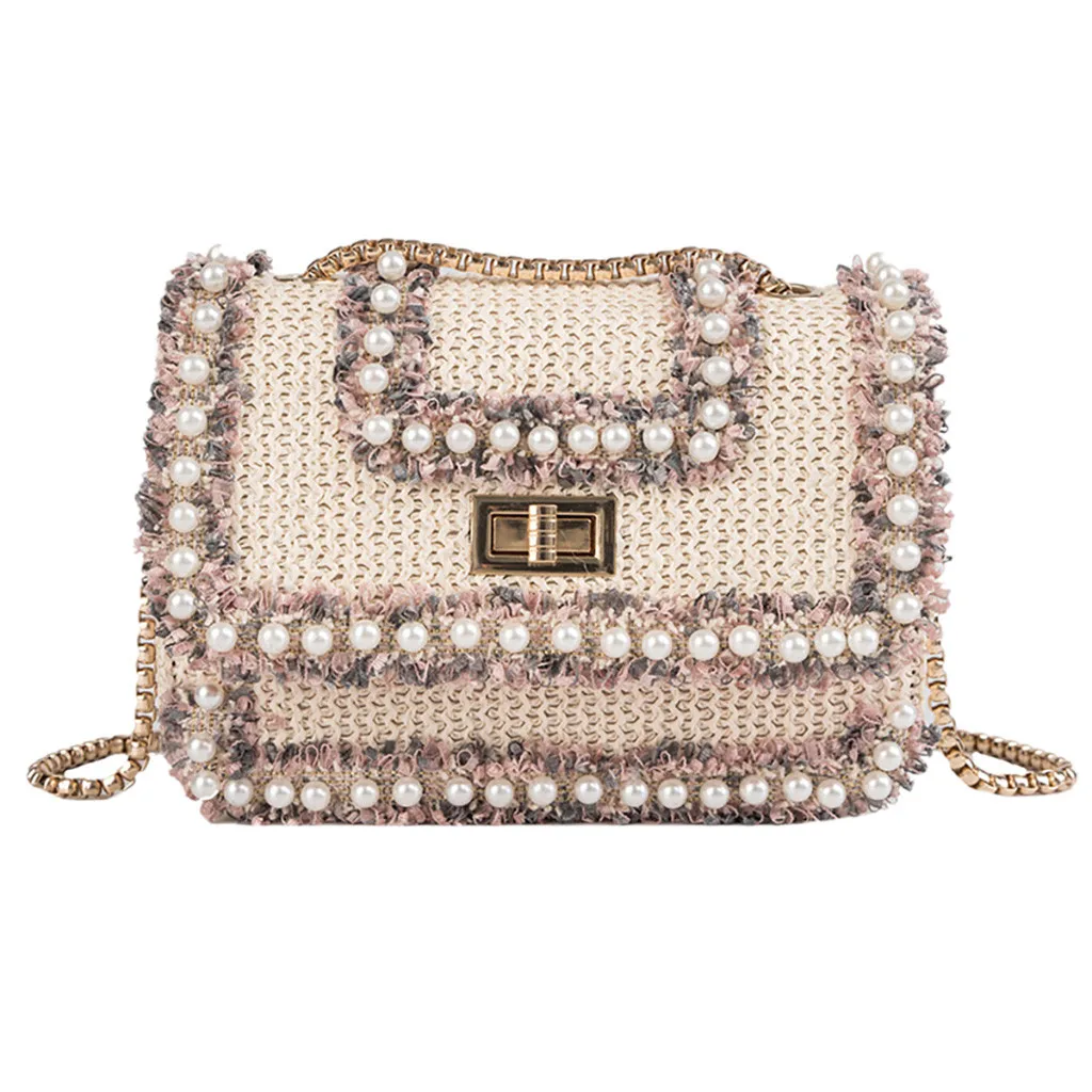 Women Woven Pearl Shoulder Messenger Bag Crossbody Beach Bag fashion